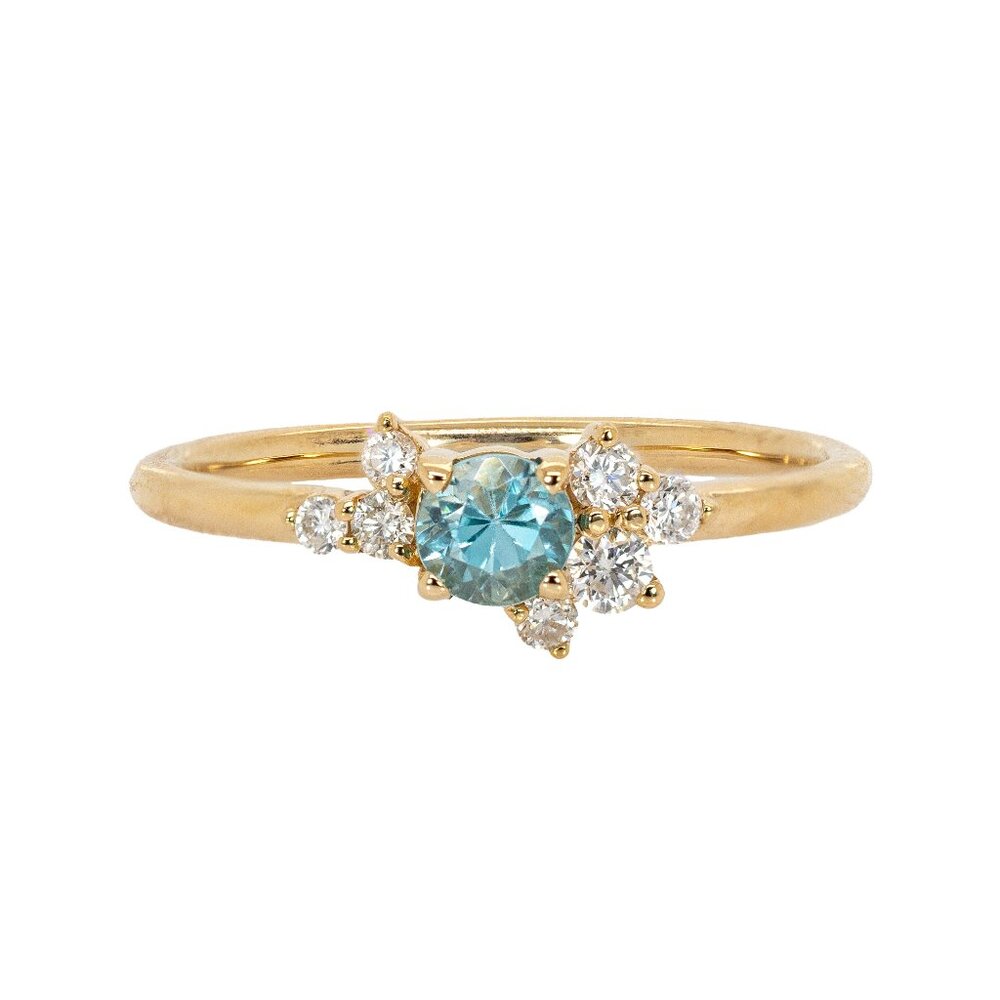 Cambodian Blue Zircon Ring in Solid 14K Gold with Natural Diamond Accents